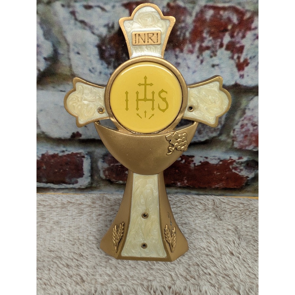Catholic IHS Chalice Standing Crucifix St Benedict Medal Gold Tone Enamel